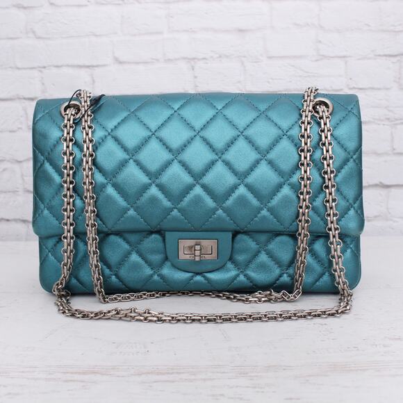 Chanel Classic Double Flap Reissue Metallic Teal Green Leather Crossbody A4713 - Picture 1 of 9